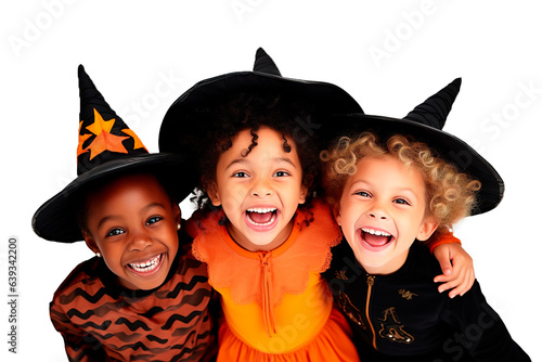 Three cheerful little girls dresses up as witches for Halloween over isolated transparent background