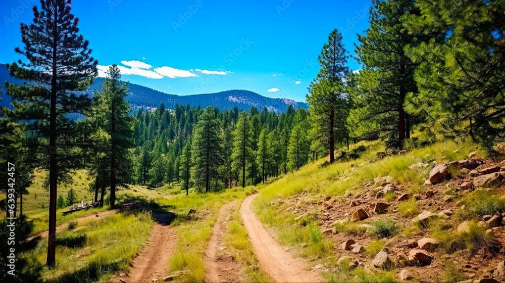 Off-Road Trail in Colorado's Pine Forest. Scenic Nature Hike Among Mountains and Trees for Outdoor Summer Activities