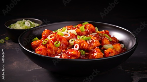 Delicious Gobi Manchurian Curry. Tasty Indian-Chinese Vegetarian Dish with Fried Cauliflower, Tomatoes, and Onion in Soy Sauce on Black Concrete photo