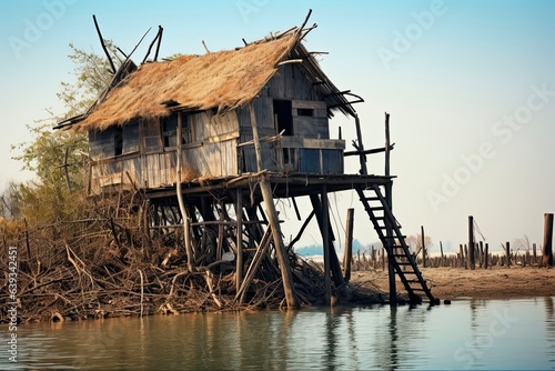 Old Dilapidated Hut on Stilts with Raw Wicker Fence and Tree Platform on Water Trail © AIGen