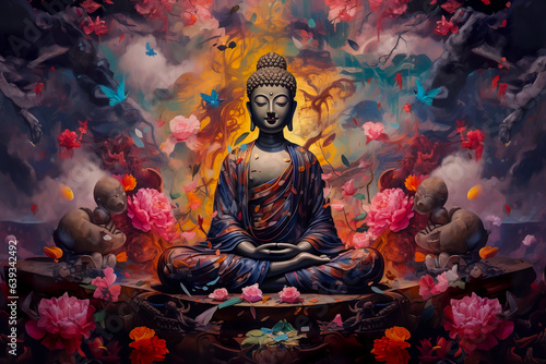 buddha in colorful vintage style illustration. Abstract painting, oil painting