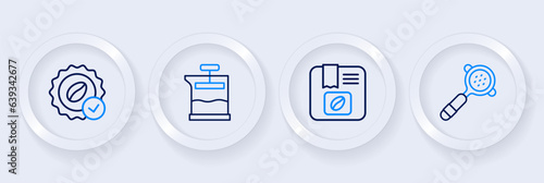 Set line Coffee filter holder, Bag coffee beans, French press and Medal for icon. Vector