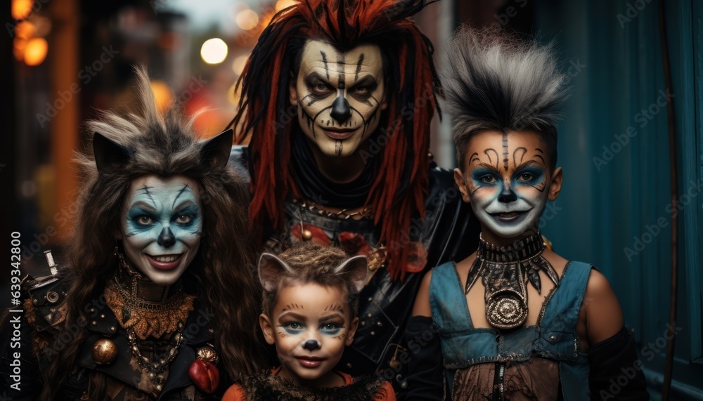 Photo of a colorful group of people with vibrant makeup posing for a fun and lively picture Photo of a colorful group of people with vibrant makeup posing for a fun and lively picture