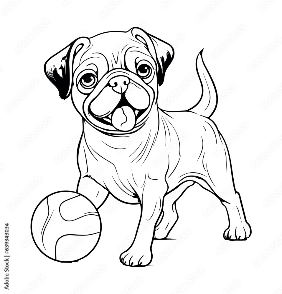 Fototapeta premium Dog playing a ball coloring page for kids - coloring book