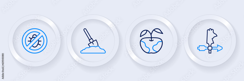 Set line Rooster weather vane, Apple, Shovel in ground and Stop colorado beetle icon. Vector Set line Rooster weather vane, Apple, Shovel in ground and Stop colorado beetle icon. Vector