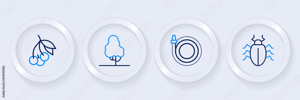 Set line Colorado beetle, Garden hose, Fruit tree and Fresh berries icon. Vector Set line Colorado beetle, Garden hose, Fruit tree and Fresh berries icon. Vector