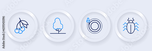 Set line Colorado beetle, Garden hose, Fruit tree and Fresh berries icon. Vector