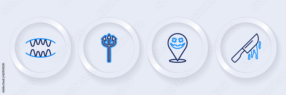 Set line Bloody knife, Happy Halloween holiday, Trident devil and Vampire teeth icon. Vector Set line Bloody knife, Happy Halloween holiday, Trident devil and Vampire teeth icon. Vector