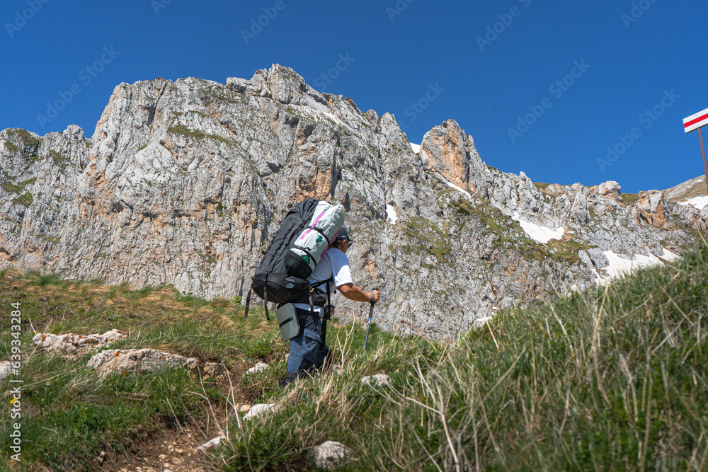 Fototapeta premium A tourist with a backpack walks along a path in the mountains.