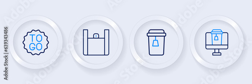 Set line Online ordering food, Cup of tea, and Coffee cup to go icon. Vector
