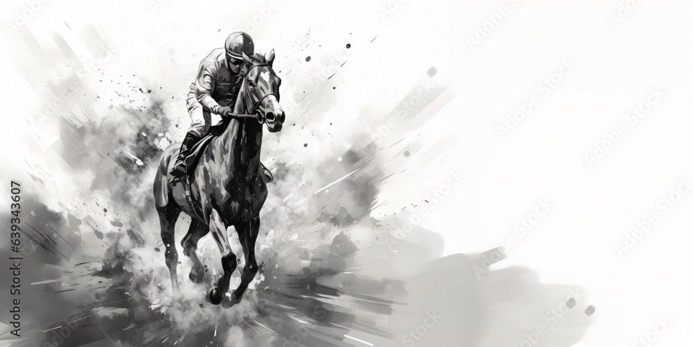 Fototapeta premium watercolor illustration, a racing horse with its jockey is portrayed in the dynamic realm of equestrian sports