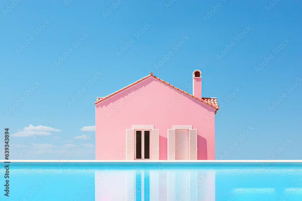 A pink house sitting on top of a blue pool created with Generative AI technology
