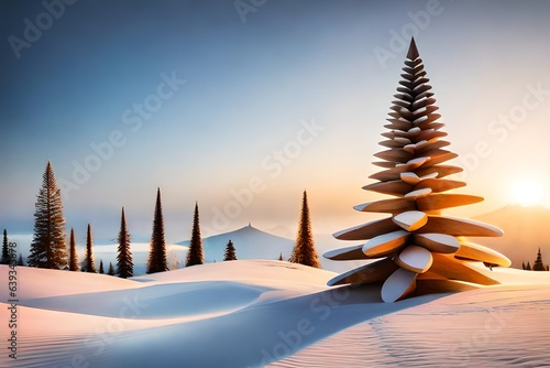 Wood triangles trees and natural candles on white background. Marry Christmas...
