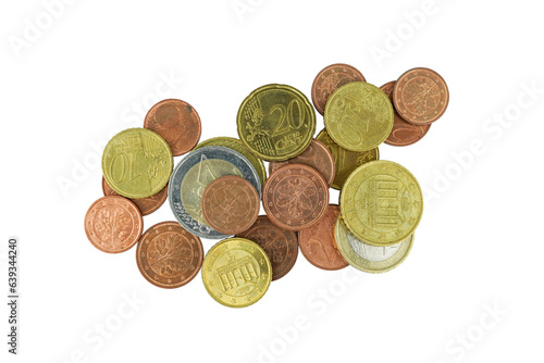 Euro coins money isolated on transparent background  top view.