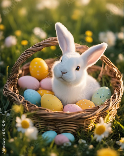 A cute bunny sits in a basket in a meadow surrounded by easter eggs