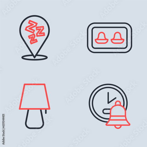 Set line Earplugs with storage box, Table lamp, Alarm clock and Sleepy icon. Vector