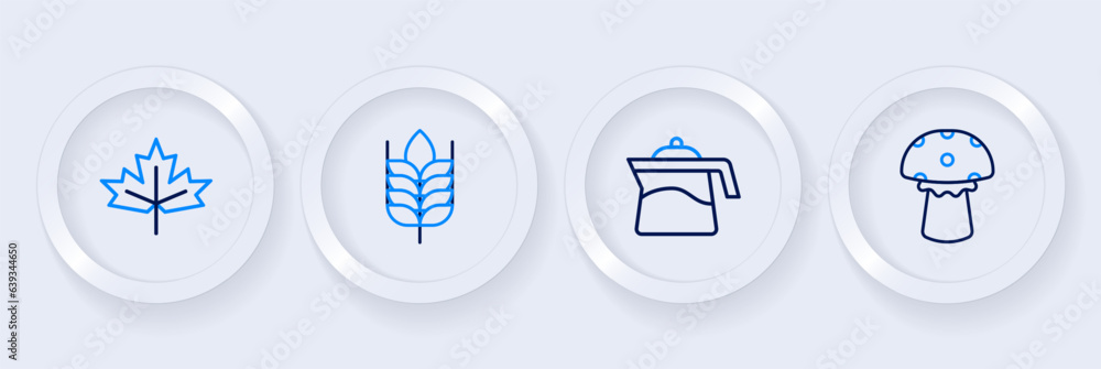 Set line Mushroom, Teapot, Wheat and Canadian maple leaf icon. Vector Set line Mushroom, Teapot, Wheat and Canadian maple leaf icon. Vector