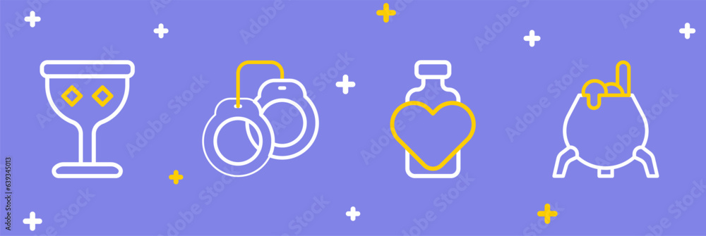 Set line Witch cauldron, Bottle with love potion, Handcuffs and Medieval goblet icon. Vector Set line Witch cauldron, Bottle with love potion, Handcuffs and Medieval goblet icon. Vector
