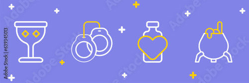 Set line Witch cauldron, Bottle with love potion, Handcuffs and Medieval goblet icon. Vector