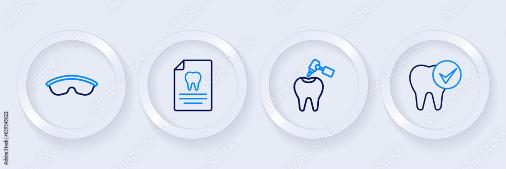 Set line Tooth, with caries and drill, Clipboard dental card and Safety goggle glasses icon. Vector Set line Tooth, with caries and drill, Clipboard dental card and Safety goggle glasses icon. Vector