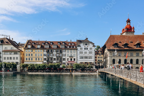 Lucerne, Switzerland - August 10, 2023: View of downtown Lucerne in Switzerland on a sunny summer day