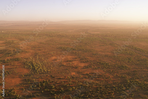 Aerial view of the Australian outback in the morning mist, Red Centre, Northern Territory, Australia