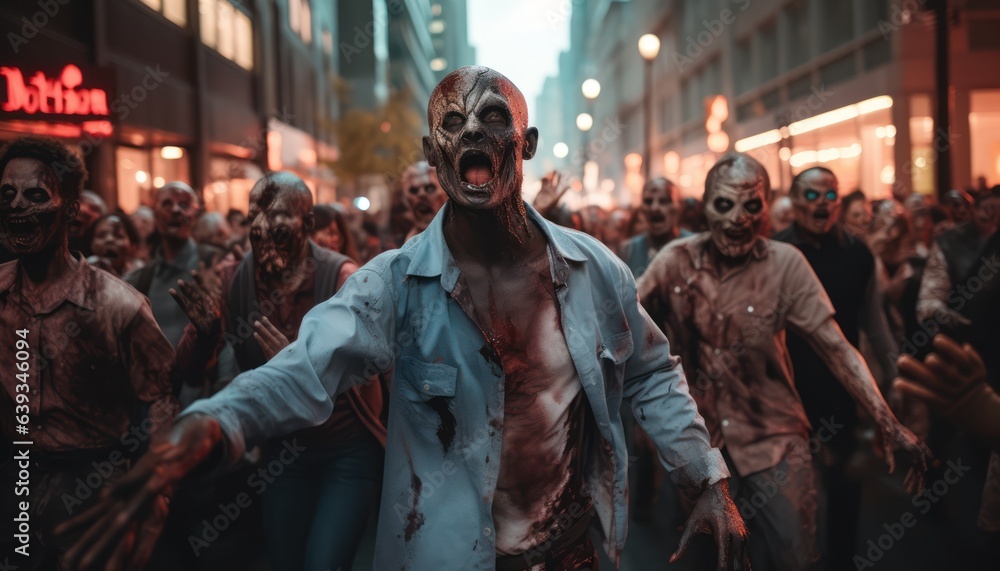Photo of a horde of zombies roaming the city streets