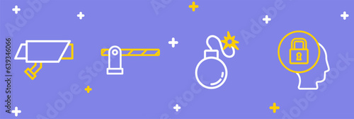 Set line Lock, Bomb, Parking car barrier and Security camera icon. Vector