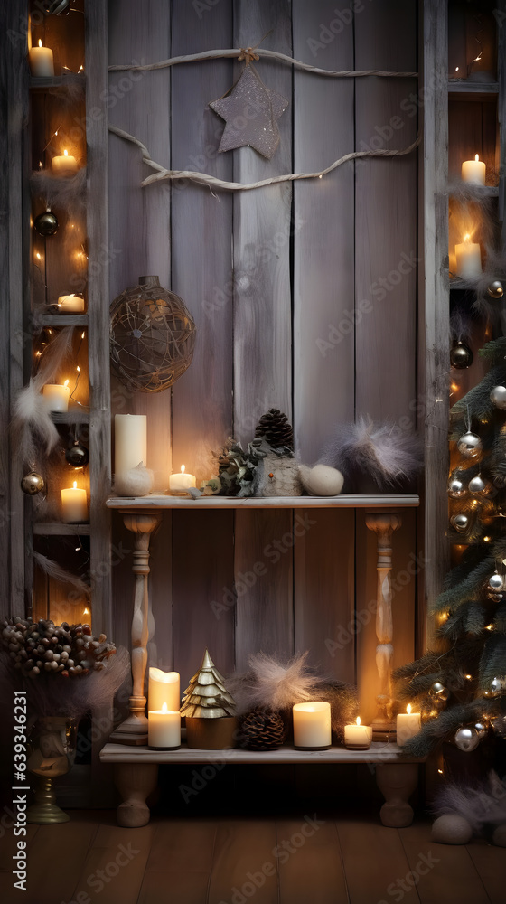 Vertical Christmas Background, cozy holiday backdrop with rustic ornaments and warm lights