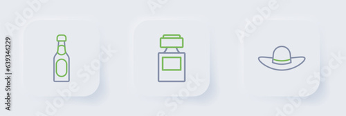 Set line Elegant women hat, Perfume and Champagne bottle icon. Vector