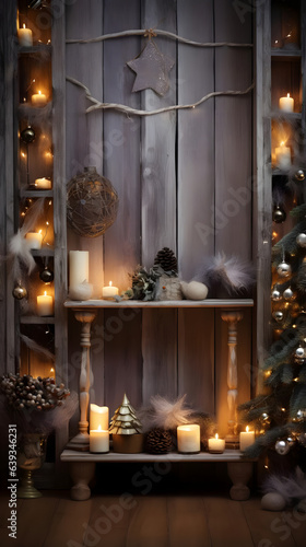 Vertical Christmas Background  cozy holiday backdrop with rustic ornaments and warm lights