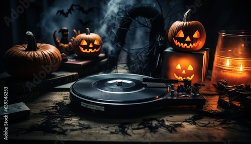 Photo of a Halloween-themed turntable with pumpkins and candles