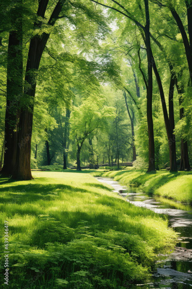 Fototapeta premium Beautiful fairy tale enchanted forest, magical fantasy scenery with big trees and greenery.