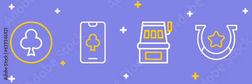 Set line Horseshoe, Slot machine, Online poker table game and Playing card with clubs symbol icon. Vector