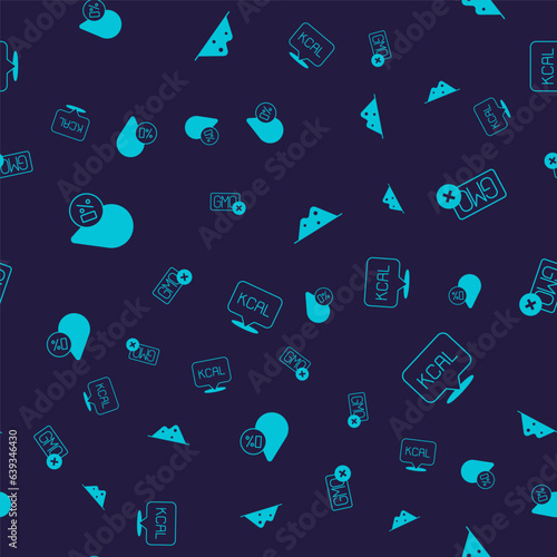 Set Water balance, No GMO, Salt and Kcal on seamless pattern. Vector