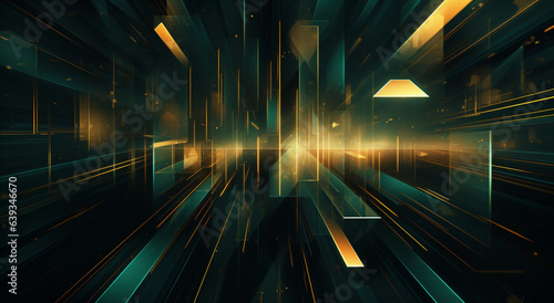 dark abstract layered background with futuristic geometric shapes, green and gold linear design