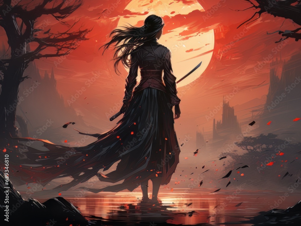 Woman warrior silhouette with samurai sword at fiery sunset in Asian style AI Woman warrior silhouette with samurai sword at fiery sunset in Asian style AI