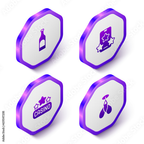 Set Isometric Bottle of wine, Online sports betting, Casino signboard and Dart arrow icon. Purple hexagon button. Vector