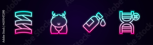 Set line Sports nutrition proteine, Obesity, Bottle of water and No GMO. Glowing neon icon. Vector
