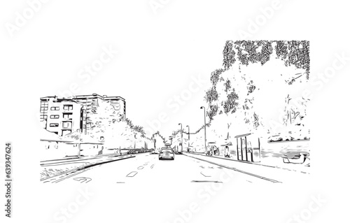 Building view with landmark of Roskilde is the city in Denmark. Hand drawn sketch illustration in vector.