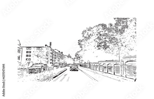 Building view with landmark of Roskilde is the city in Denmark. Hand drawn sketch illustration in vector.