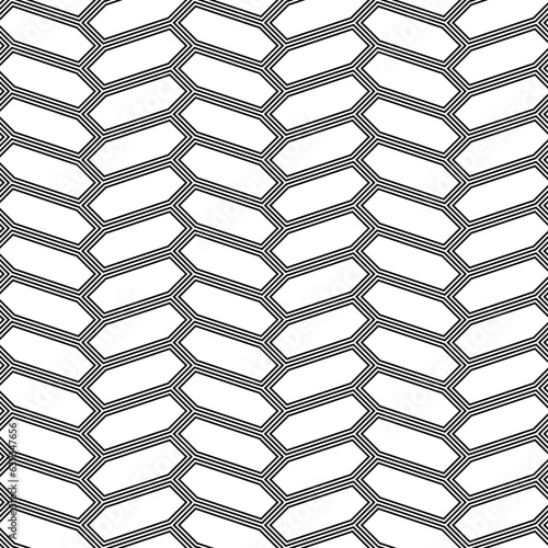 Herringbone motif. Seamless surface pattern design with white hexagons tessellation ornament. Mosaic parquet wallpaper. Black zigzag weaving lines. Jagged strokes. Digital paper, page fills. Vector.