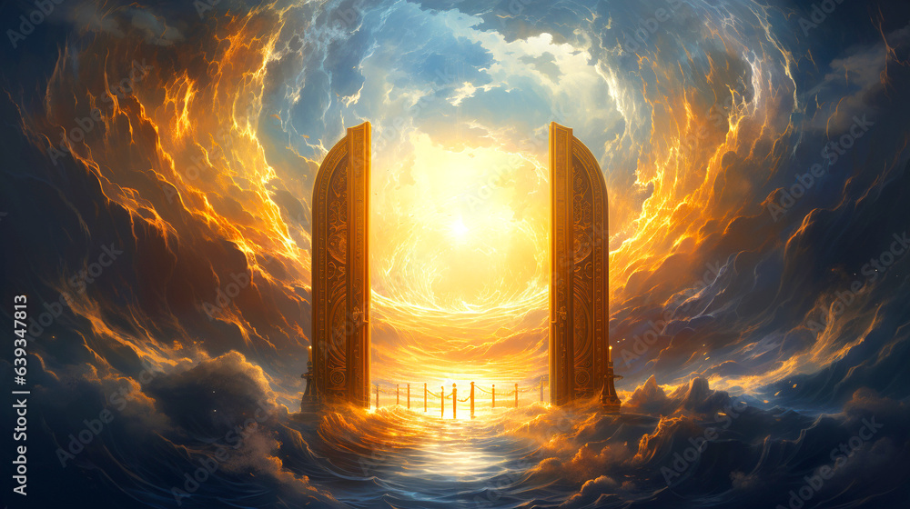 Celestial Gateway: Golden Door to Heaven Amidst the Ocean Stock ...