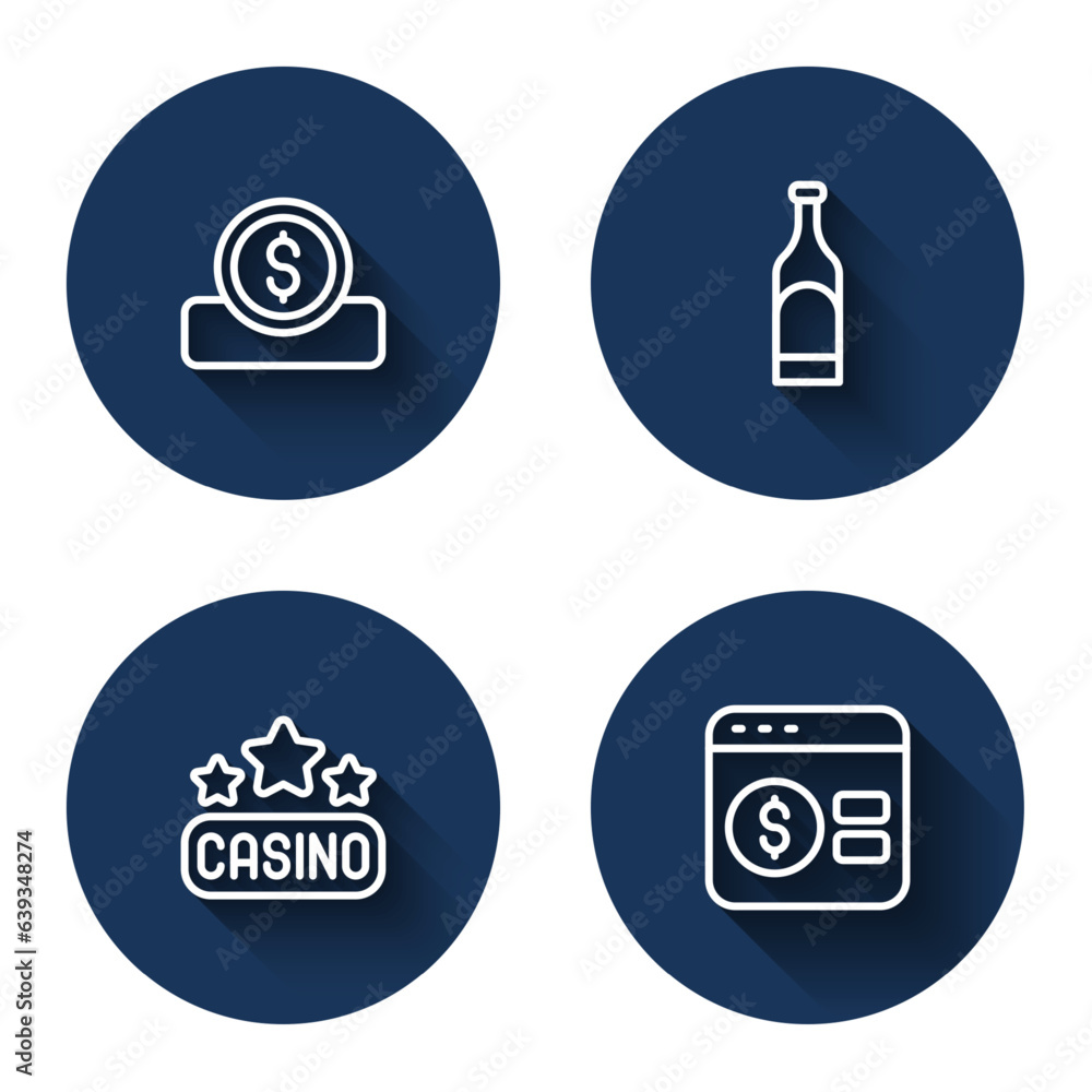 Set line Coin money with dollar, Bottle of wine, Casino signboard and Online poker table game with long shadow. Blue circle button. Vector Set line Coin money with dollar, Bottle of wine, Casino signboard and Online poker table game with long shadow. Blue circle button. Vector