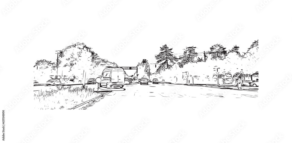 Obraz premium Building view with landmark of Roskilde is the city in Denmark. Hand drawn sketch illustration in vector.