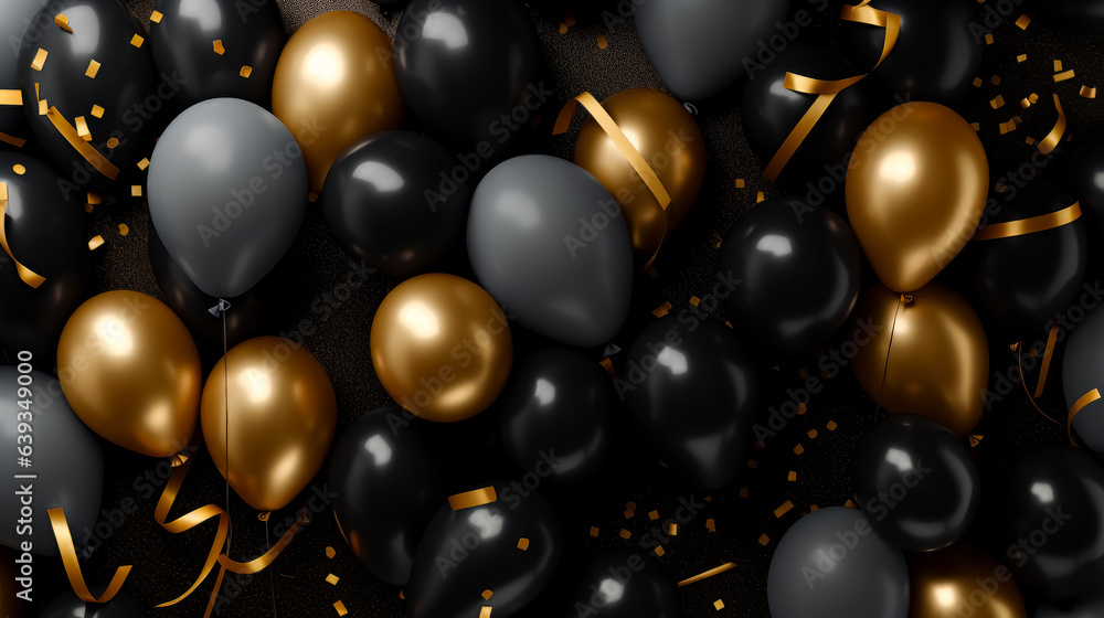 Black gold and silver balloons background with glitter, luxury romantic celebration card. Black gold and silver balloons background with glitter, luxury romantic celebration card.