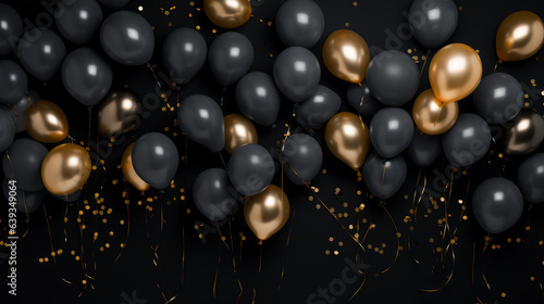 Black gold and silver balloons background with glitter  luxury romantic celebration card.