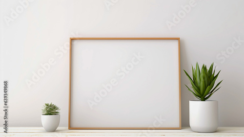 Photo of a minimalist white shelf with decorative vases and an empty picture frame.