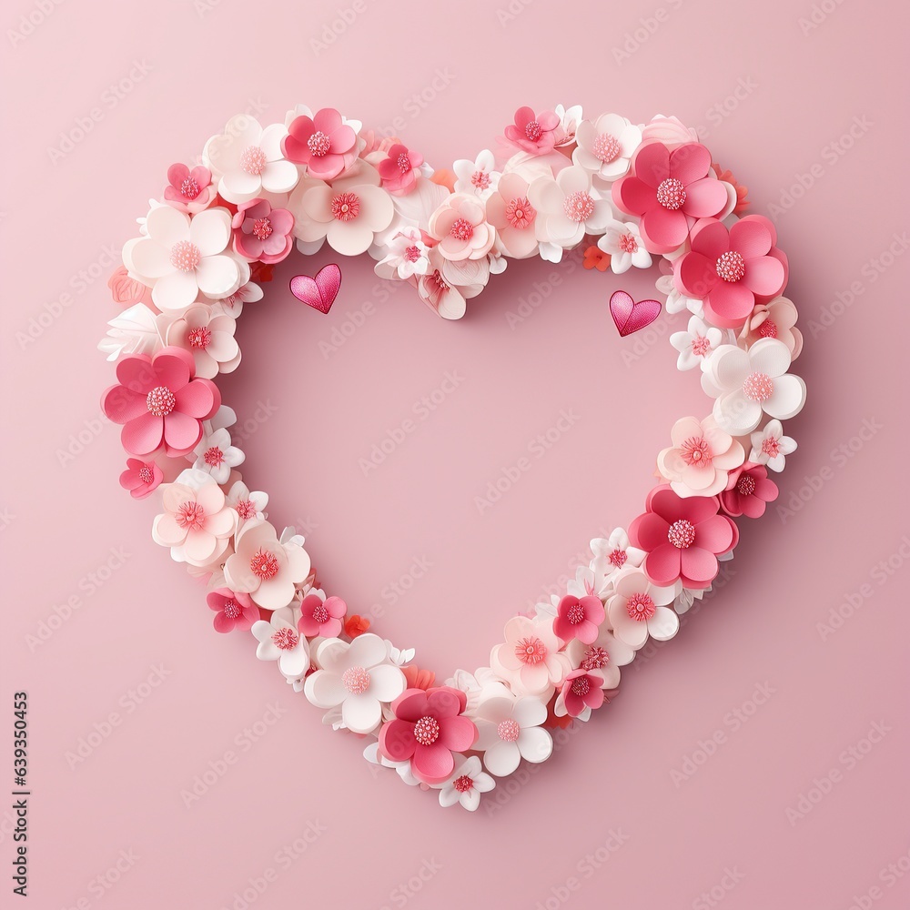 Pink flowers in shape of a heart on a pink background. Generative AI