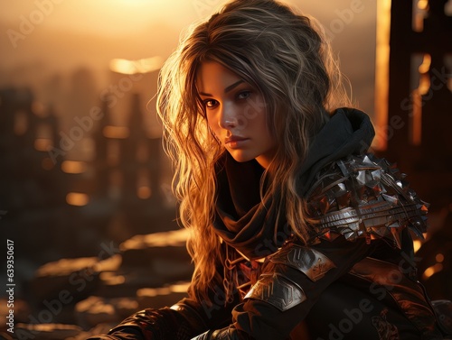 Portrait of beautiful epic warrior woman at sunset AI